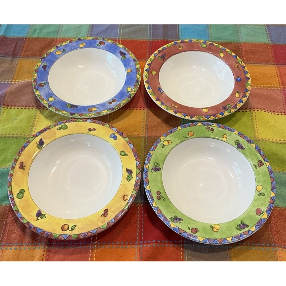 Sango Sangria Rim Soup Bowls (4) Sue Zipkin 4 Different Patterns Fun Colorful